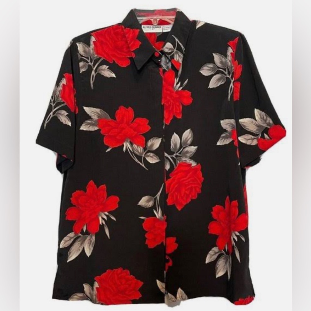Alfred Dunner VINTAGE 🥳 Black Hawaiian 🌺 Shirt with Red Flowers - Size 16